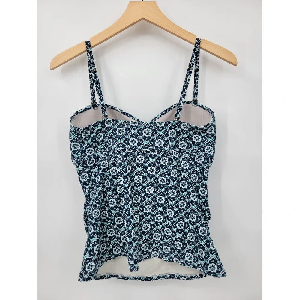 Kona Sol Swim Top Tankini Swimwear Geometric Blue M Strappy Shirt